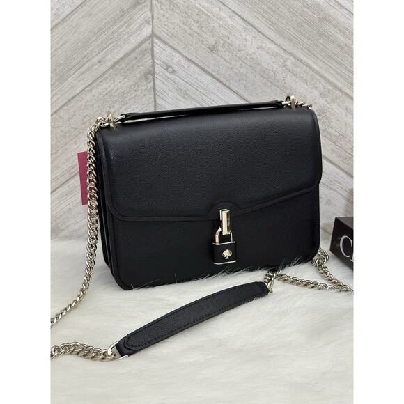 Kate Spade Locket Large Flap Crossbody Bag Black Pebbled Leather Chain Strap NWT - Picture 1 of 5